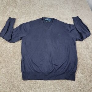 Polo by Ralph Lauren Mens V Neck Sweater Navy Blue Pima Cotton Size XL